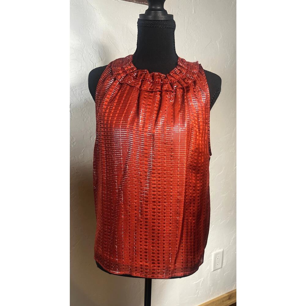 Dolan Sleeveless High Ruffle Neck Metallic Accent Silk Blend Top Women's Size M